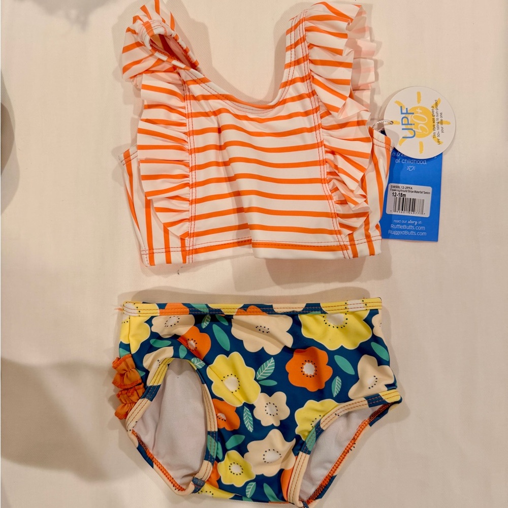 Ruffle Butts Orange Stripe Ruffle Bikini with Navy Floral Bottoms